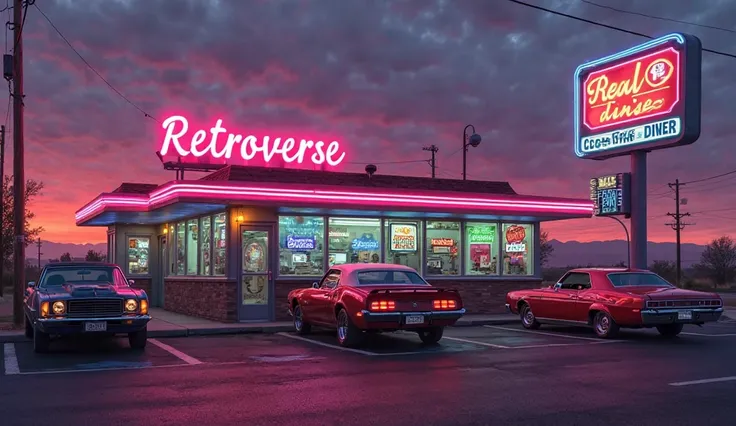 A 1980s American diner, its neon sign saying "Retroverse diner" glowing against the deep purple and pink sky of dusk. A muscle car, a vintage convertible, and a couple of other classic 80s cars are parked in front, resting in the diner’s parking spots. The...