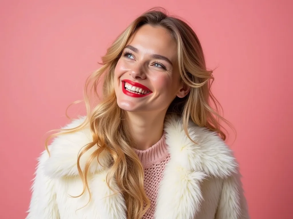 Young woman, long wavy blonde hair, bright red lipstick, winking, laughing, white fur coat, pink background, studio lighting, vibrant colors, joyful expression, beauty portrait, high contrast, stock photo style 8k resolution(HD Super Real)(Realistic)
