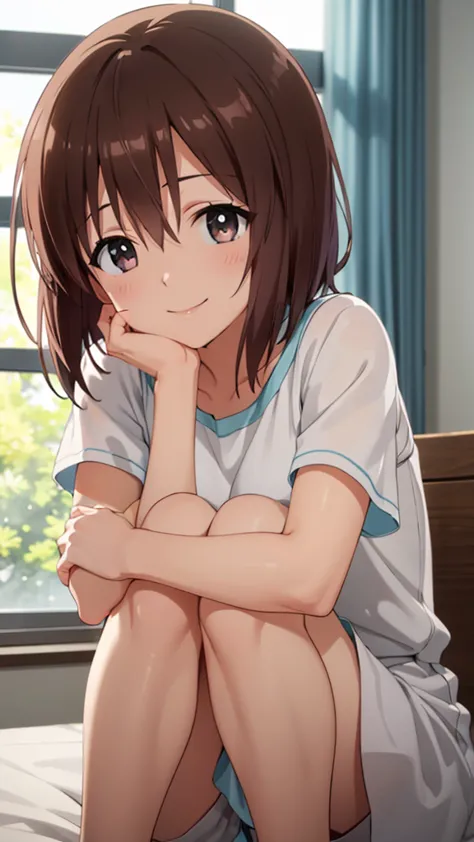 1 girl, yukiho hagiwara, brown hair, short hair, brown eyes, smile, BREAK, white dress, casual mini dress, sleepware, Sit on the bed, (Sit with your knees hugged, Tilt your face and place it on your knees, view audience), In a room with a white theme, (The...