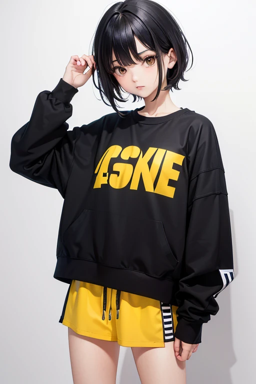  Hi-Res,  boyish,   1 girl,  black hair, Sporty shortcuts,  Asymmetric Hairstyles ,  Asymmetrical bangs,   yellow eyes,  There are three circles in the middle of the eye,  Skater Style Street Fashion, slightly oversized bottoms, standing, futanari, 薄 dark一...