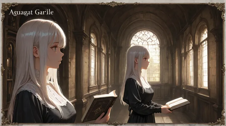  huge _very high resolution, high resolution, 걸작, recent, 1 female, side view, long hair, white hair,black clothes, Character details, A book in one hand,  bangs,Middle Ages, arched windows, dark marble, high ceiling, background center, Great Hall,   soft_...