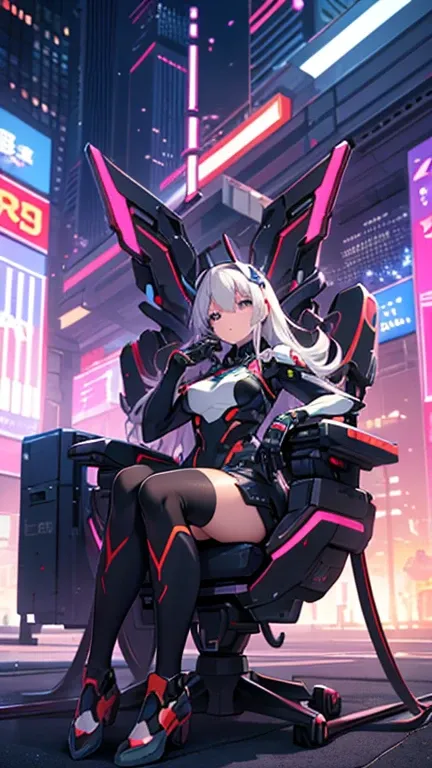 A beautiful futuristic Mecha anime girl,sitting on a chair, extremely advanced world,cyber city inside,high quality,master piece, beautiful body, beautiful face,neon city and world