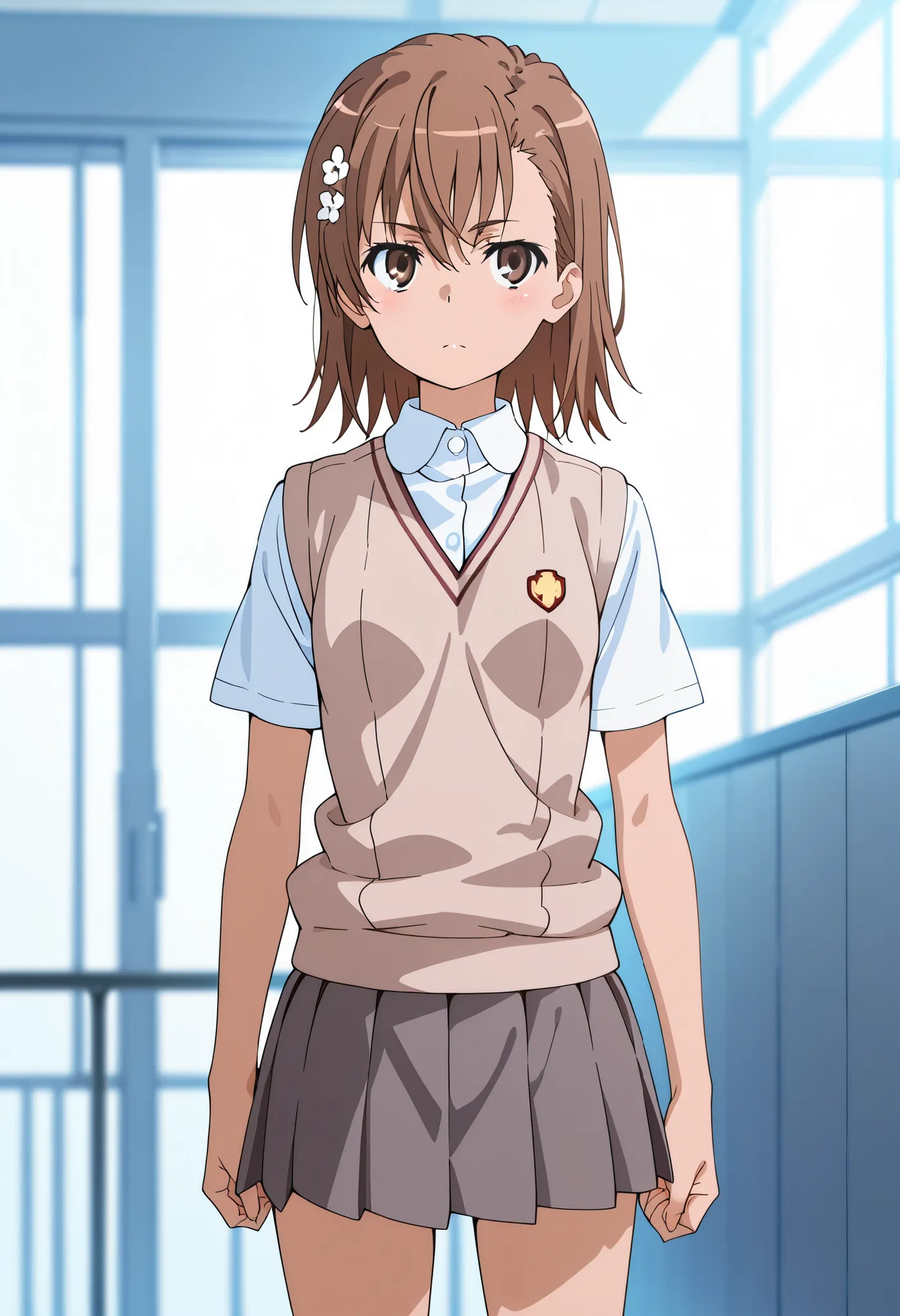 (masterpiece:1.2, best quality), 1 girl ,alone,( Misaka Mikoto) skirt, shirt, school uniform, white shirt, short sleeves, pleated skirt, grey skirt, sweater vest, tokiwadai school uniform,