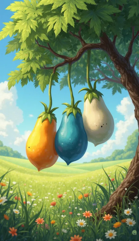 Three different colour small papaya's hanging on a papaya's tree on a field. One is yellow , one is blue and one is white colour.