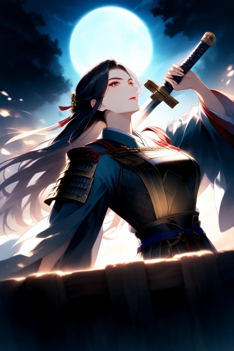 masterpiece, Top Quality,  beautiful woman ,  character emphasis , One person, upper body, long hair, well, Armor from the Japanese Warring States Period,,In a pose holding a sword, Dynamic Angle, focus on your face,  Moonlit Night, Ancient Kyoto