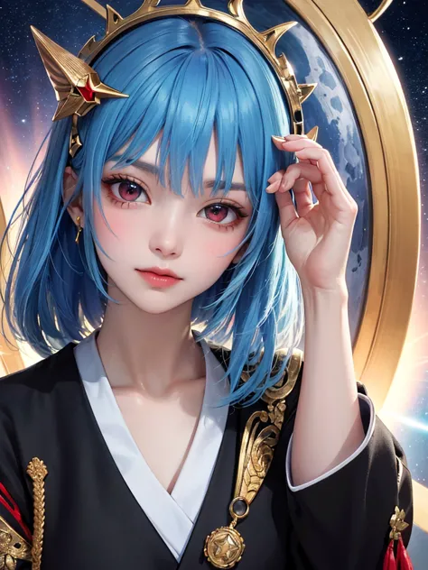 masterpiece，Best Quality，8k，detailed skin texture， detailed cloth texture，beautifully detailed face，complicated details，super detailed，Rei Ayanamiの肖像，Blue Hair， red eyes， black headgear on the head,Pixieカット，Shining Skin Hair Ornaments, gold hair ornament ,...