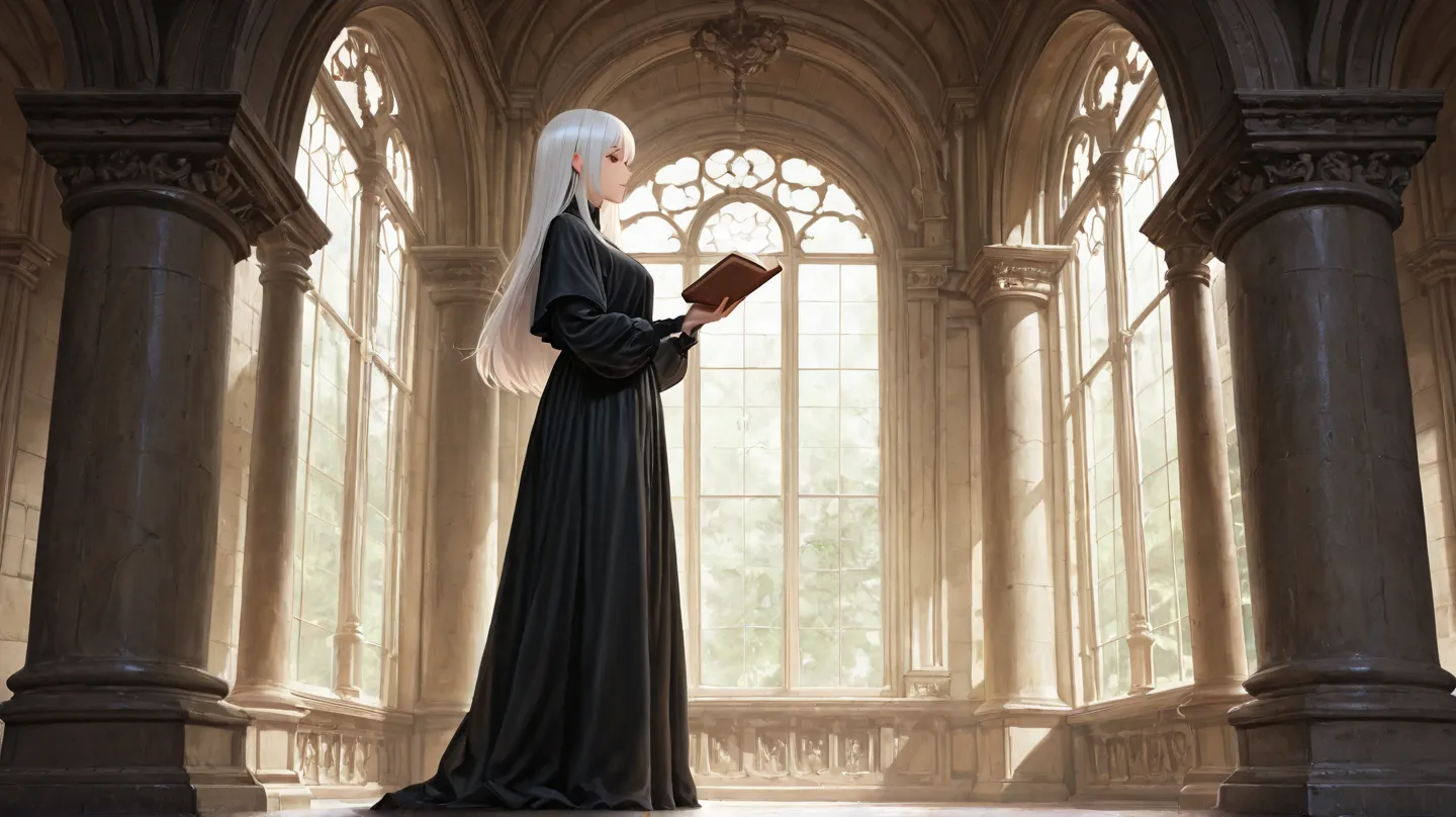  huge _very high resolution, high resolution, 걸작, recent, 1 female, side view, long hair, white hair,black clothes, Character details,  bangs,Middle Ages, majestic temple interior background, arched windows, Marble , high ceiling, Large square, background ...