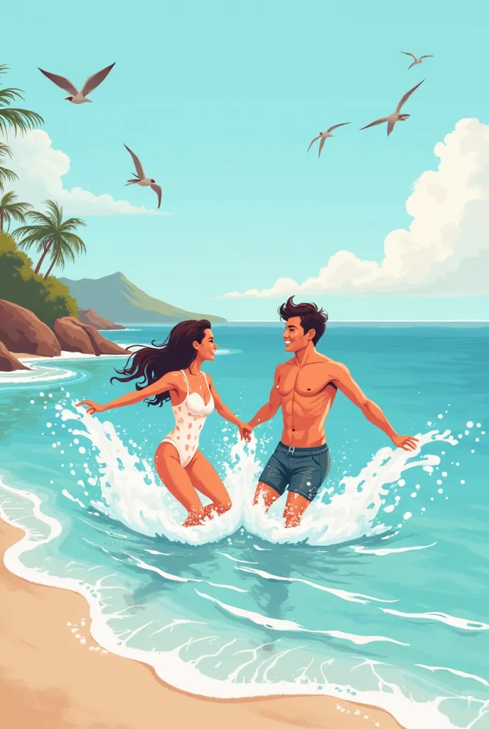 make me a landscape image clipart of a women and man playing in the sea side