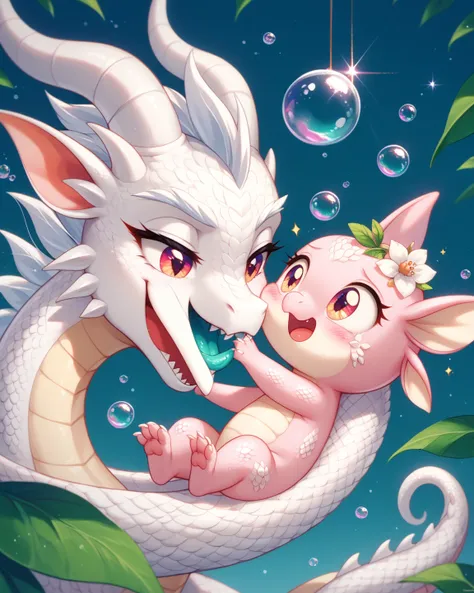 A large pink dragon，will affectionately grip the owner's face。The scales sparkle like pearls，with curved silver on the head White cornflower corner。The end of the tail is heart-shaped，Scene set in a sunny environment。Soft light highlighting the delicate de...