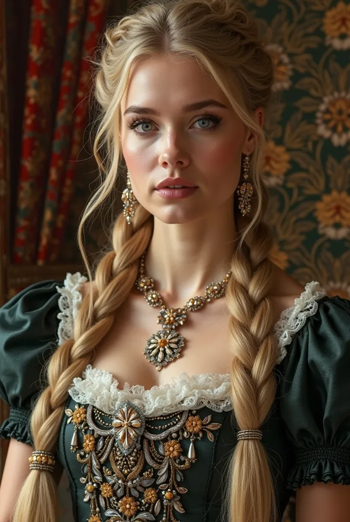 very attractive caucasian girl with very long very straight blonde hair styled in a braided ponytail , age 27, as a tudor queen