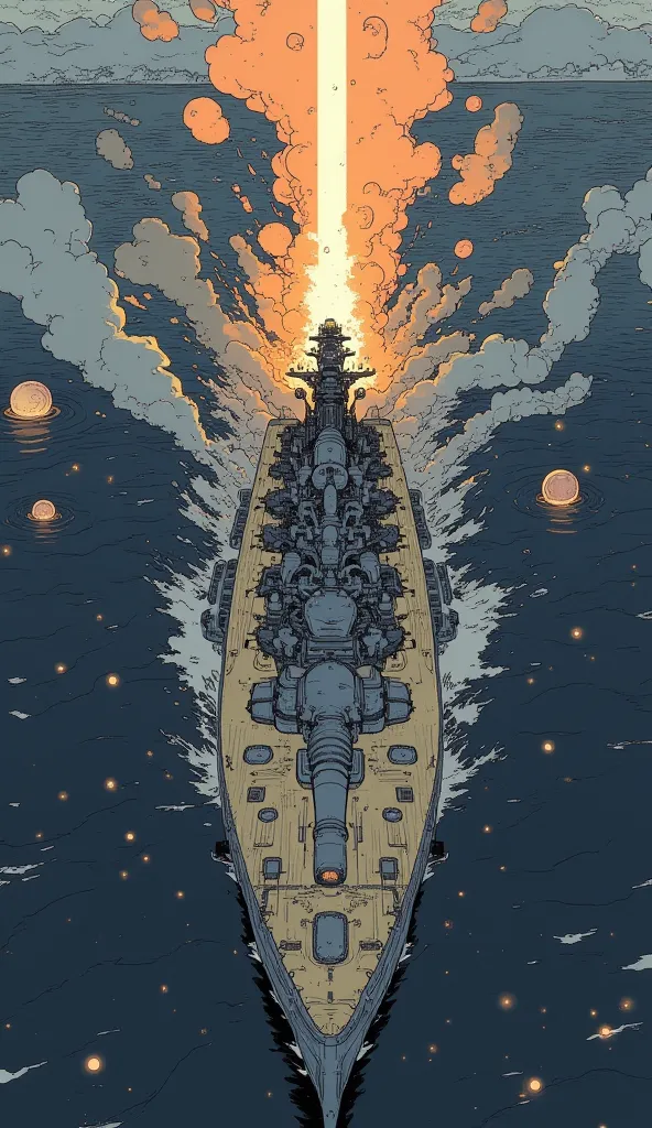 shot from above、a close up of a large Battleship with a light beam coming out of it, Yamato, realistic warship design, in , A ship that exploded and was destroyed,  Ghibli Mebius , Konpeki no Kantai , , warship, Dreadnought, Last Exile Anime , yellow wind,...