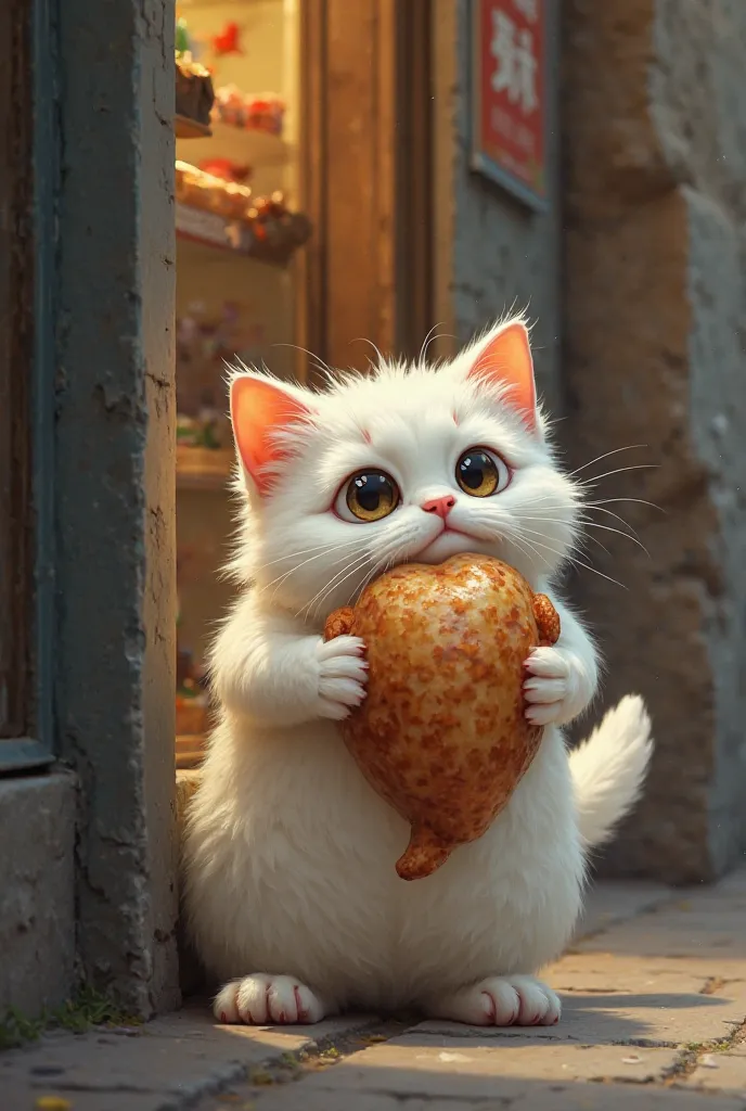 A fluffy, chubby white cat crouches low against the wall of a chicken shop, her wide eyes peeking around the corner. She clutches her stolen chicken tightly, trying to stay hidden as the shopkeeper frantically searches for the thief. Her tail twitches with...