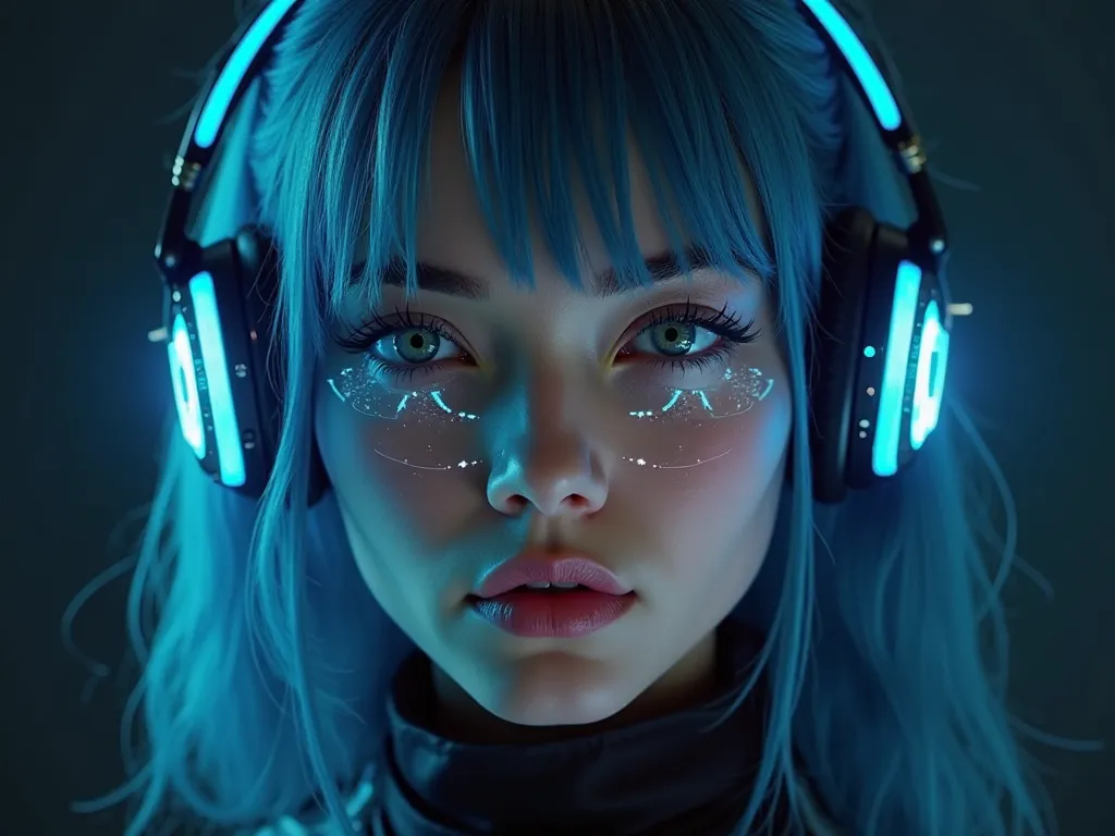 Futuristic portrait, young woman, holographic face scan, blue hair highlights, dark background, cyberpunk aesthetic, advanced technology, neon accents, high-tech headphones, intense gaze, detailed facial features, dark clothing, atmospheric lighting, digit...