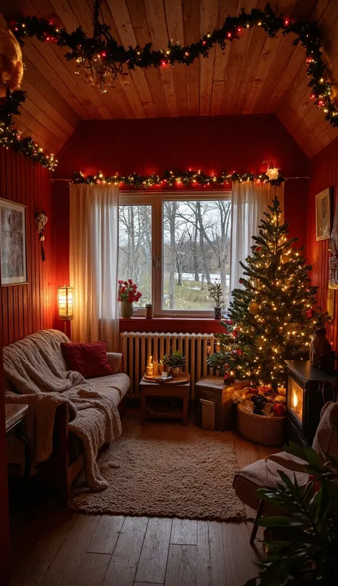interior photo of a red Swedish wooden house, hygge, Christmas time, cosy, Christmas lights , Modern interior , knitted blanket