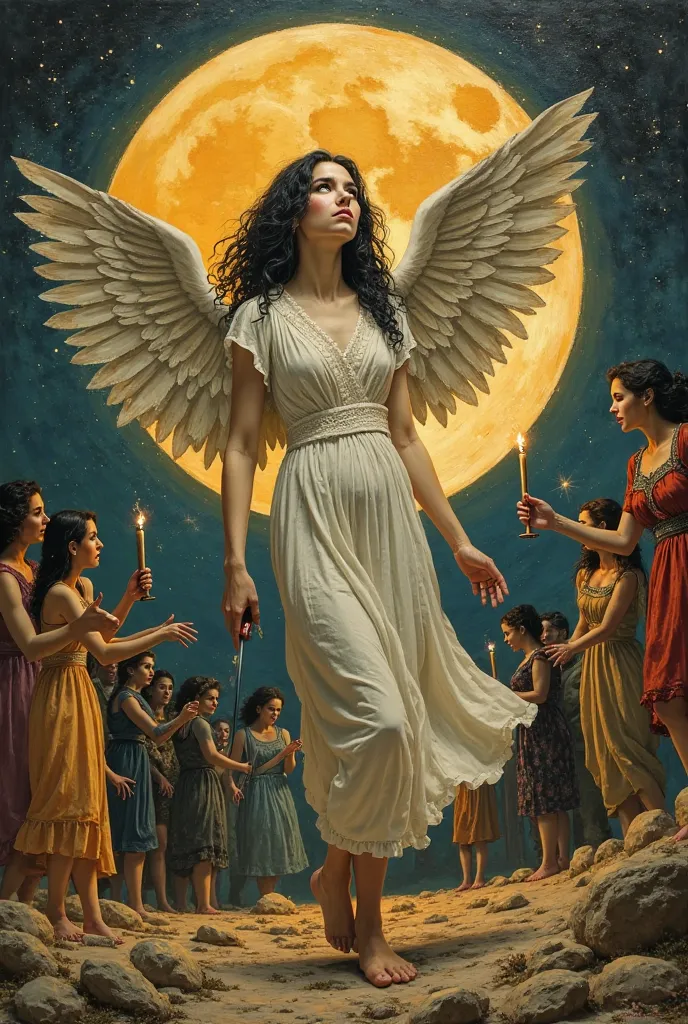 Palace, a painting painted in oil colors, with a pattern and style like old paintings, appears on a golden lunar night, a beautiful white-skinned girl with black hair and wings consisting of book papers and drawing brushes. The girl looks up and shines lig...