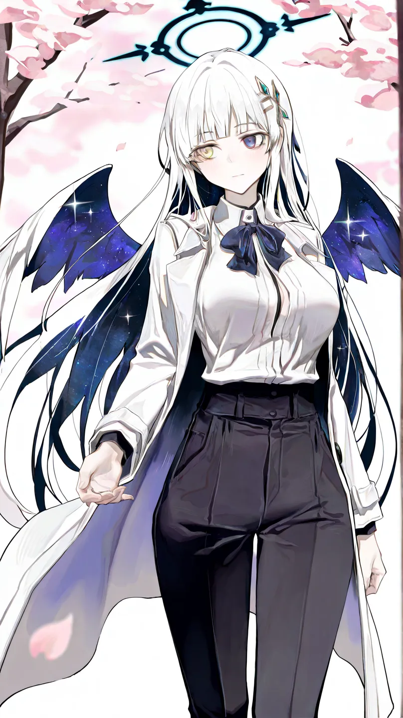 Her long hair was as white as the stars in the night, her two-colored eyes shone like there were endless dimensions, her clothes were clean and elegant, and her perfect attire gave off an uncontrollable sense of mystery and power. source_anime, Hitoimim, c...