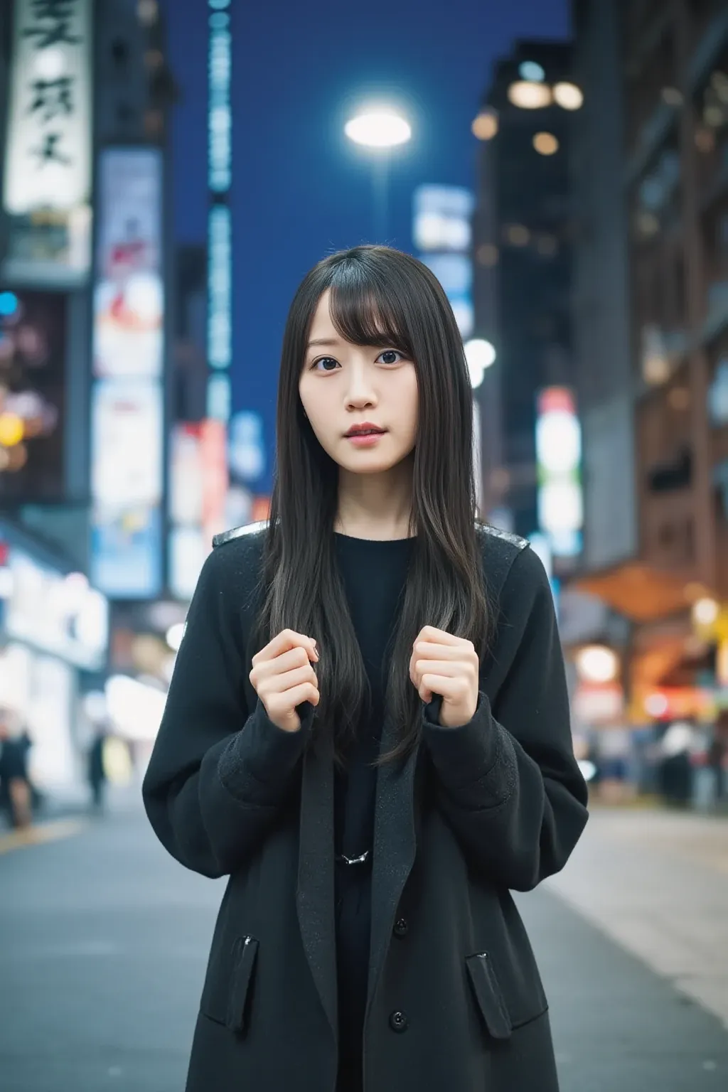 「Portrait of a Japanese woman with a serious expression。 she has long hair 、Dressed in black 、The cityscape of Tokyo spreads out in the background。The city lights and neon lights are shining at night、 has an urban vibe 。Her gaze is staring at the camera、Ma...