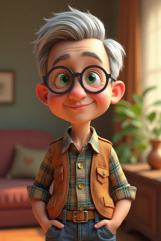 Create a 3D image,  Pixar style.Older adult,  short gray hair , green eyes. jeans, plaid shirt and vest, thin gray glasses with hands in pockets, thin