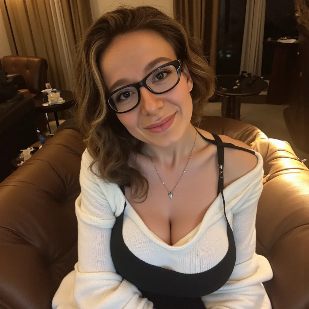 (60 years old woman with glasses) granny, grandmother, short wavy dark brown hair. glasses (black glasses), cleavage, huge tits, thight body. glasse, natural pose, smile, big bimbo lips, (frontal shot), natural pose, selfie, hotel, living room, night, thig...