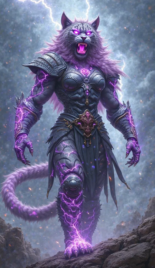 "The fusion results in a Stormborn Tigress, a towering war goddess infused with the raw power of the storm. Her once-human skin is now covered in thick, storm-gray fur with crackling purple energy coursing through glowing runic patterns. Her feline face ha...