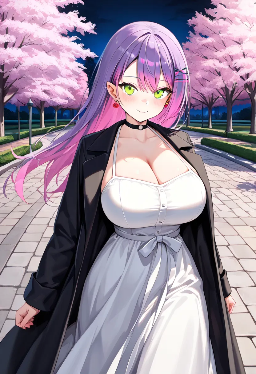 (Best Quality , 8k , masterpiece , incredibly absurdres , perfect body , super detailed skin , highly detailed eyes and face , 1 woman ) , tokoyami towa , purple Hair , Green eyes , smile ,  will be happy , ( white dress , black long fur coat , earrings , ...