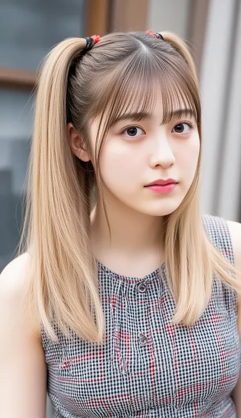     Silky Smooth Hair    、 his hairstyle is straight 、Long Hair That Reaches to the Chest、 、miniskirt、bangs、ponytail、(Hairstyle with hair tied at the back、ponytail)、uniform、金髪ロングヘアponytail、