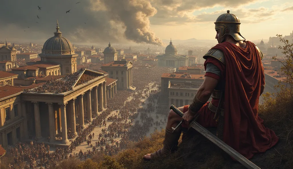 "A dramatic and somber scene depicting the decline of the Western Roman Empire, with its capital in Rome. In the foreground, a weary Roman soldier with a dented helmet and tattered cloak leans on his sword, gazing over the once-glorious city now showing si...