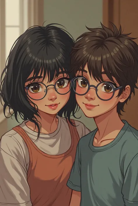 Image of two brothers, a 23-year-old girl and a 17-year-old boy.. La fille à des cheuveux noir un peu courte et elle porte des lunettes de vue. And the brother has brown hair 
. But the girl She is smaller than her brother  