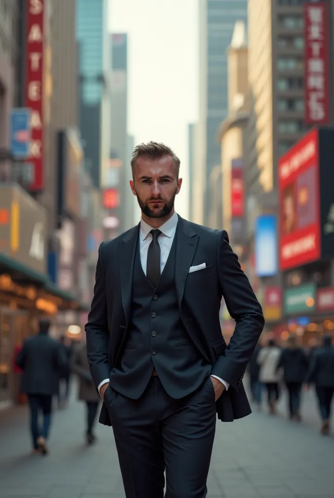 (photorealism:1.2), man, wearing a suit, outdoor, many people, city, relaxed pose, realistic, intricate details, warm colors, realistic, ultra realistic, 4k picture, textured skin