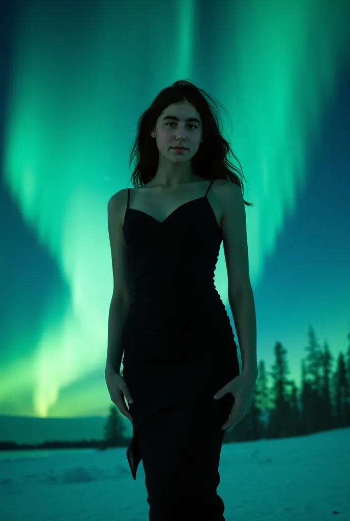 Black narrow dress,summer,Nothern lights,aesthetic photo,sexy body,black hair