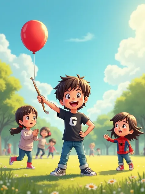 A joyful cartoon-style illustration in the sunny park. Gui, standing confidently at the center, is smiling broadly and holding his slingshot in a victorious pose. He has straight dark brown hair, a light fringe over his forehead, bright eyes, and delicate ...