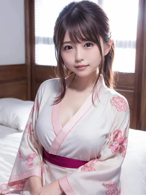 (8k、 RAW photos 、Best Quality、masterpiece:1.2)、( realistic、photorealistic on the bed:1.3)、super detailed、1 girl、(cute:1.5)、(Laughter:1.1)、seductive smile、professional lighting、medium breasts、beautiful detail eye, (Yukata:1.3), 