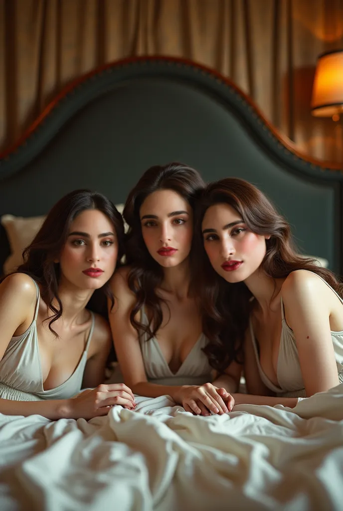 Three tall women,bed,lying,looking at camera,realistic