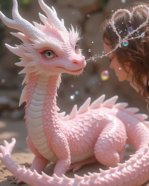 A large, pink dragon with pearl-like shimmering scales. It has silver-white curved horns adorned with intricate vine patterns. Its tail ends in a heart shape, leaving a faint trail of starlight as it swings. The dragon breathes out small, colorful bubbles ...