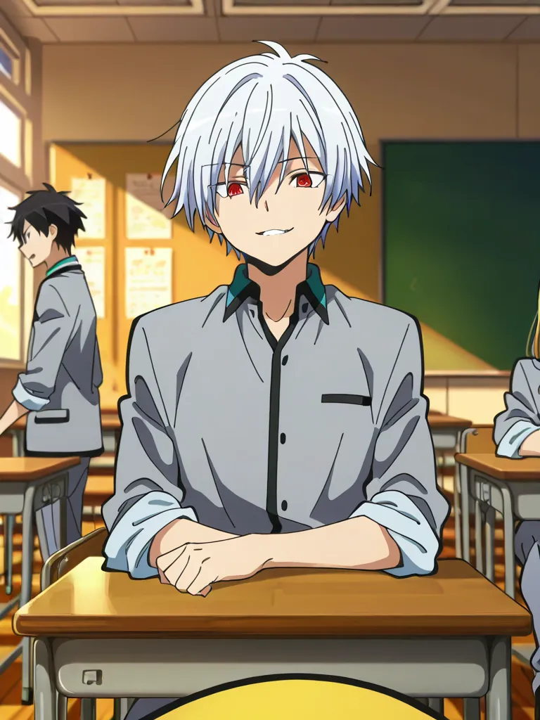 "Assassination Classroom" - Itona Horibe’s Arrival.
A white-haired boy with sharp eyes and an eerie smirk enters a chaotic classroom filled with students, his presence exuding tension. He wears a slightly modified Kunugigaoka Junior High uniform, the sleev...