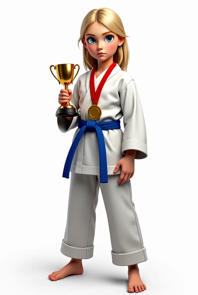 sketch,  Russian blond hair of medium length is dressed around the neck, a care , , a blue-eyed karateka girl of fifteen years old stands in a full-length stand, на шее одеты: are wearing {x} 1 sports gold medal and 1 sports bronze medal, blue karate belt,...