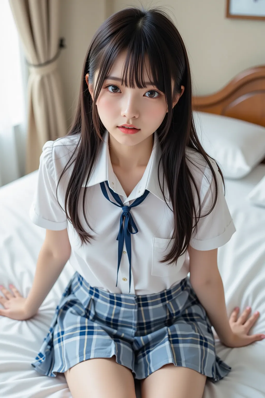 alone、natural body shape、   white skin、  natural cosmetic  、    black hair、bangs、  long straight hair、、(expensive  、bare feet、  white blouse 、  blue plaid pleated skirt covering white pants)、、(  opens her legs:1.3)、(( is in uniform on her upper body ))、(((...