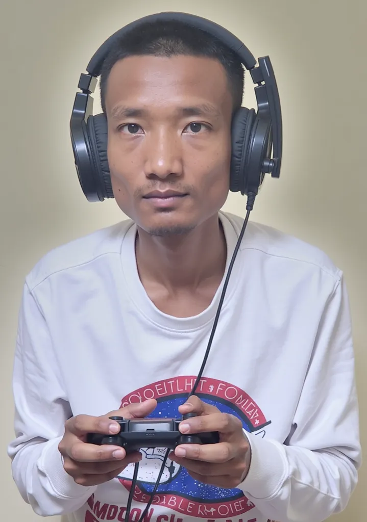 A focused young gamer wearing a white sweatshirt with a space-themed design, fully immersed in a gaming session. He wears large black over-ear headphones and grips a wired gaming controller with intense concentration. The background is a simple, neutral-co...