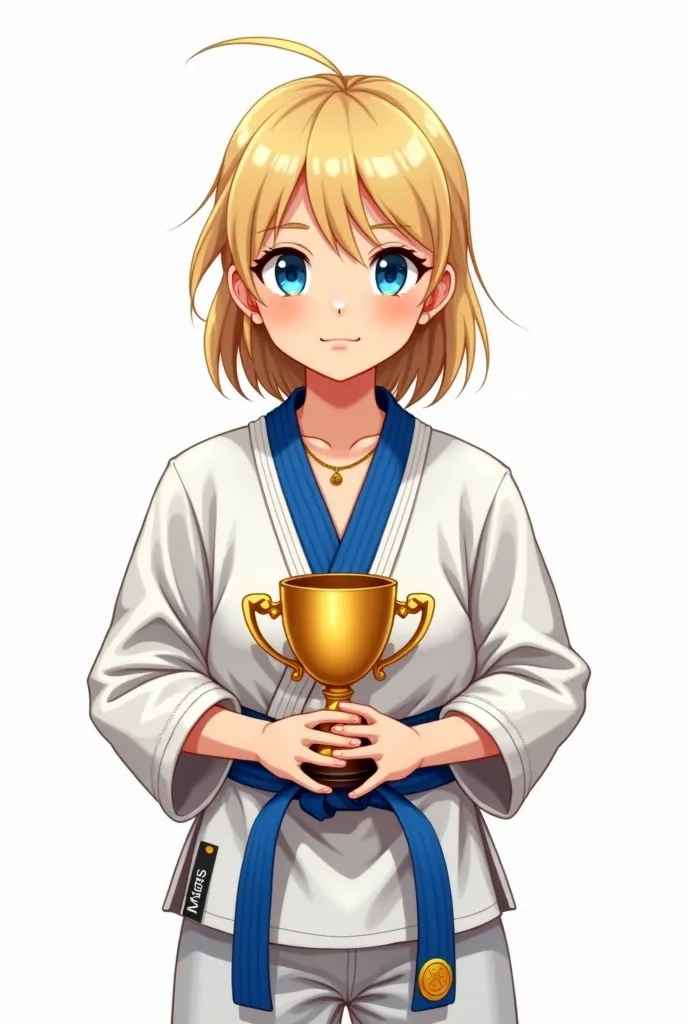 sketch,  Russian blond hair of medium length is dressed around the neck, a care , is dressed around her neck, a blue-eyed karateka girl of fifteen years old, на шее одеты: 1 sports gold medal and 1 sports bronze medal, blue karate belt, in her hand, an unb...