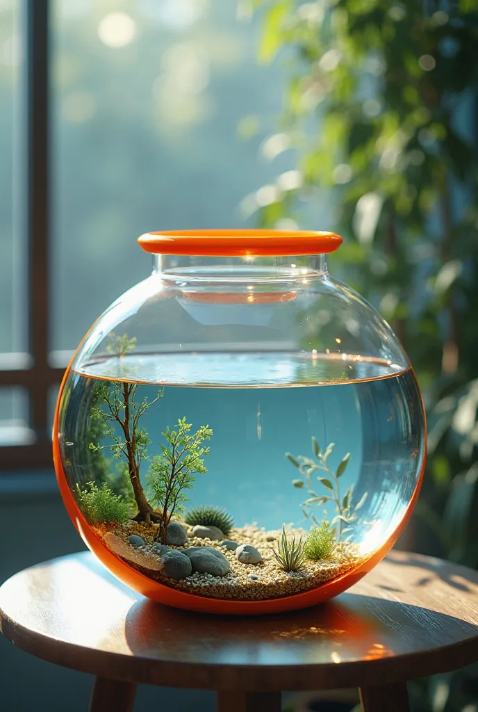 Create a drawing of a round fish tank with orange edges, with water on a table, Fill 3/4 and without fish