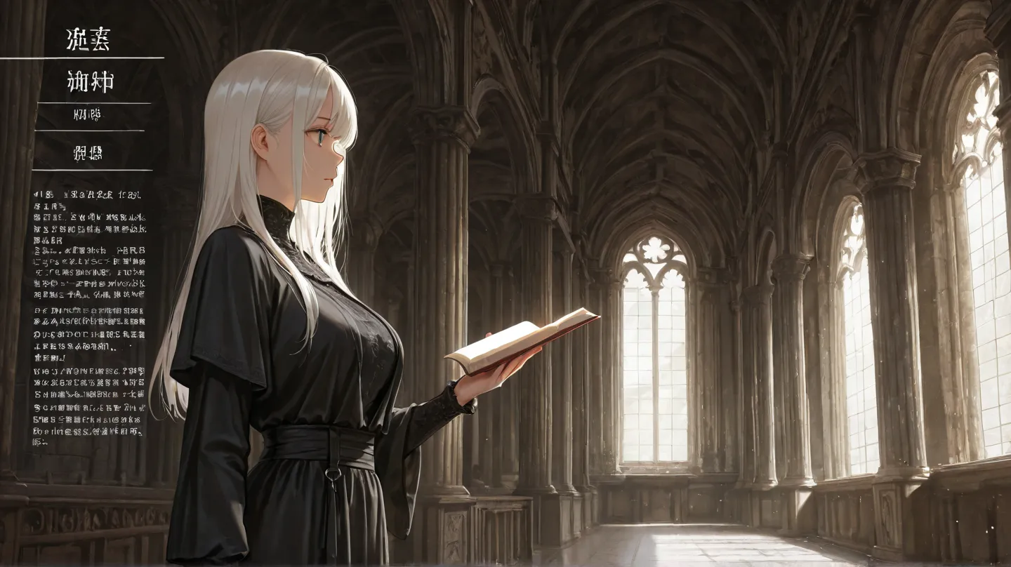  huge _very high resolution, high resolution, 걸작, recent, 1 female, side view, long hair, white hair,Black clothes, Character details,  bangs,Middle Ages, majestic temple interior background, arched windows, Marble , high ceiling, Large square, background ...