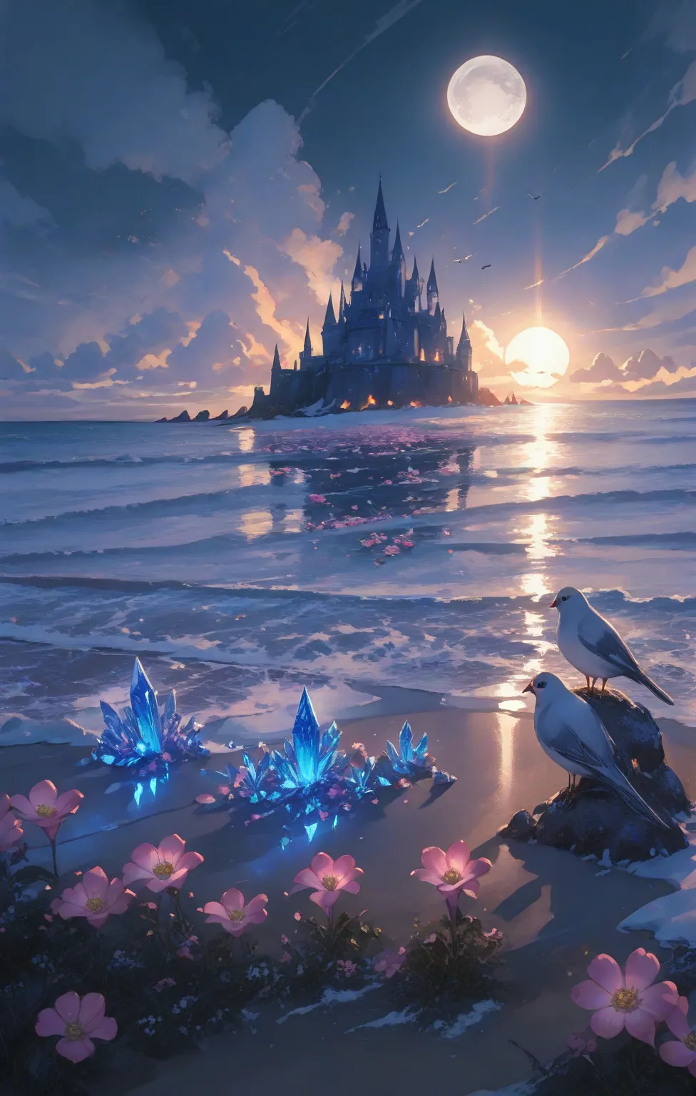 Castle, flowers, delicate scene, sky, white clouds, and sunlight shine on the snow-white beach. birds, pink flowers and bright big shells, diamond crystal, on the beach, fantasy, night sky, moon, smoke, fire, photo, HD, 8K, UHD, super detail, high quality,...