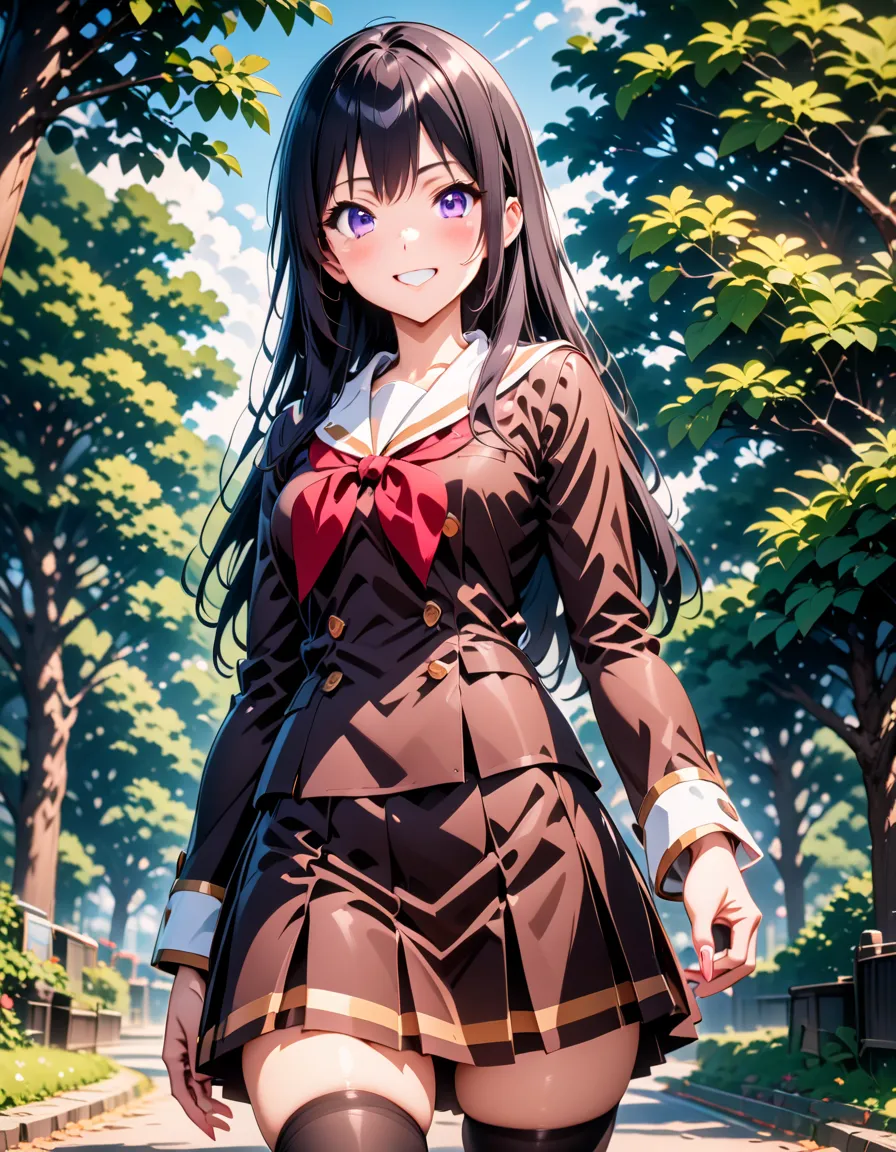 masterpiece, best quality, ultra detailed, highres,4k,ultra-detailed,illustration, ray tracing,ai-generated, 1girl,solo, kousakareina, long hair, black hair, purple eyes, kitauji high school uniform,red neckwear,pleated skirt,black thighhighs,white sailor ...