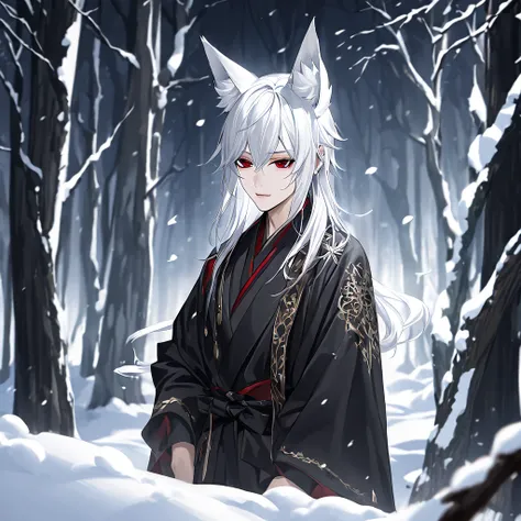  A 20-year-old male with white hair, red eyes, fox ears, wearing a black kimono. It's snowing in the forest.