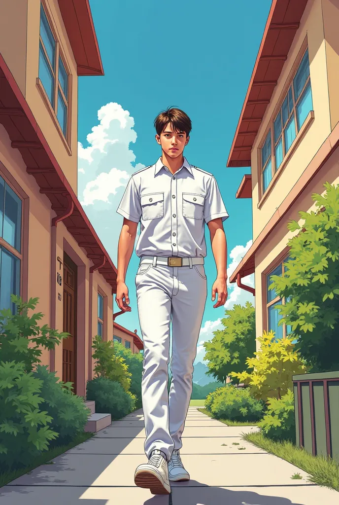 Man  student leaving house wearing white uniform comics 