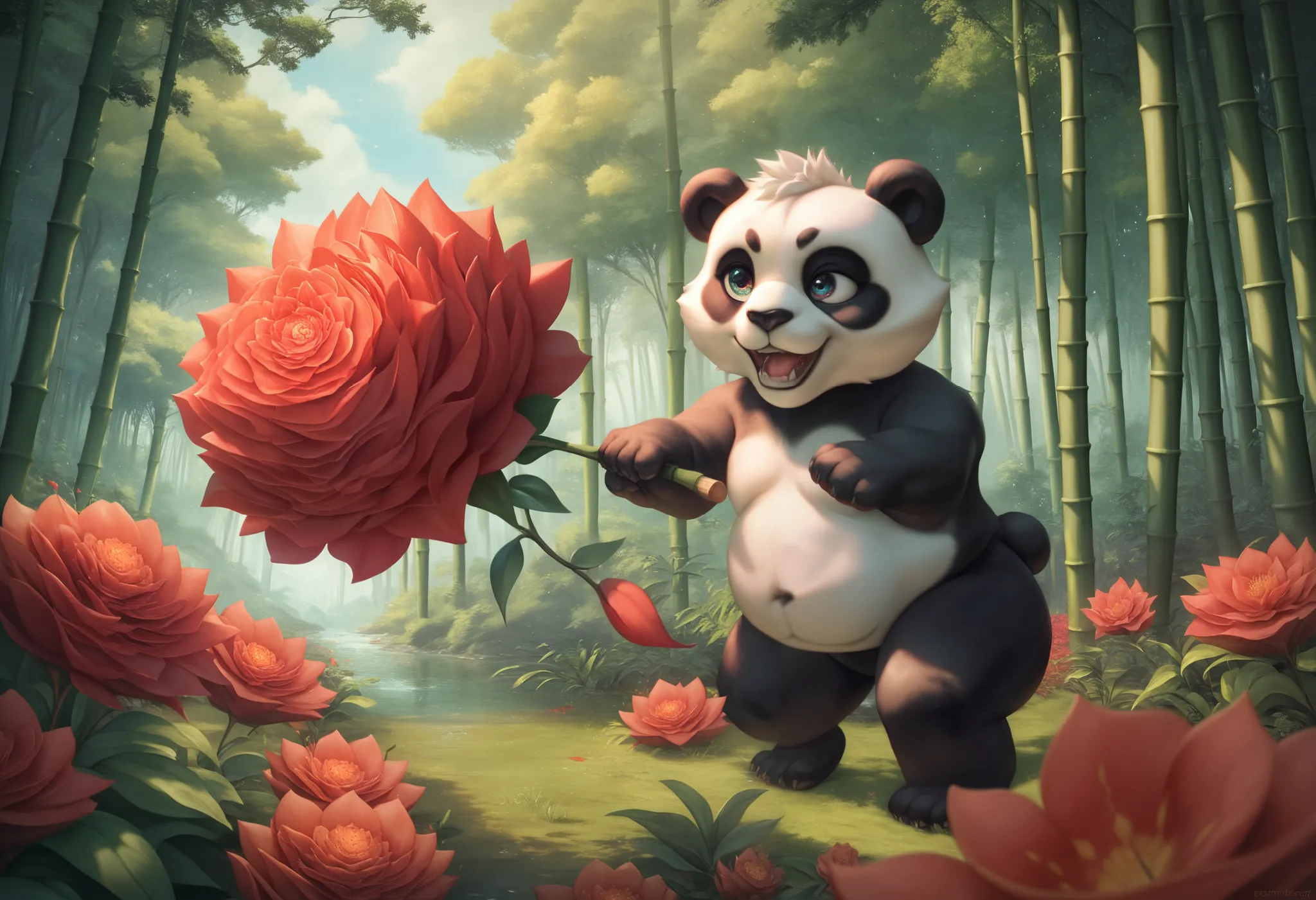 painting of a  panda  bear in a jungle with red flowers, Between the leaves ,  panda ,  VERY DEFINITION PAINTING , highly  detailed 4k painting , Animal paintings, In the bamboo forest, 3 0, Extremely High Quality Artwork,  detailed 4k painting ,  panda   ...