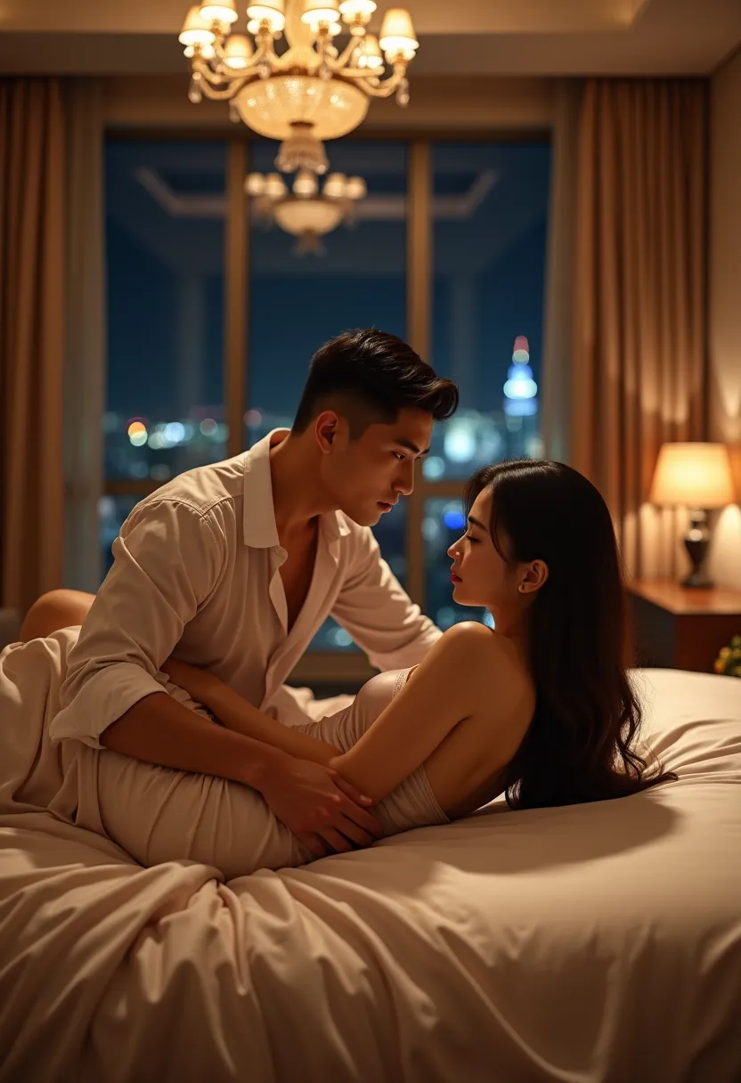 A breathtakingly photorealistic scene featuring a handsome 25-year-old young man with a strong jawline, short neatly styled hair, and a confident yet warm expression, positioned above an extraordinarily beautiful 37-year-old Thai woman. He gently holds her...