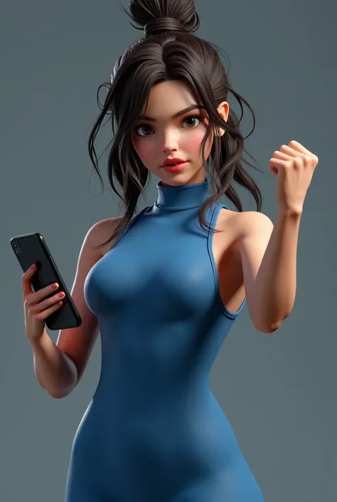 3d model, Lisa blackpink, highly detailed videogame, Full body portrait of Lisa, blue tight dress. messy dark brown hair, graceful beard defined his serious and dignified expression. Her mouth was set in a firm lin,lisa stands confidently, raising her left...