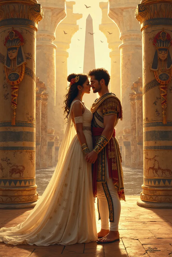 Make a girl who named Aida and radames they are people in ancient egyptian times who she fell inlove with the setting or background is in ancient egpyt and the arystyle should be like in picture