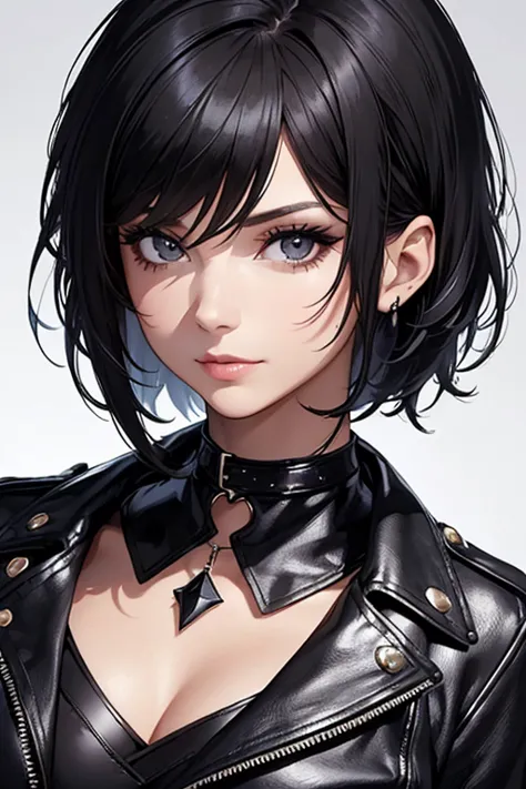                     a beautiful woman  , age group 30 years ,           with short black Pixie-style hair,       ,  black eyes combining black leather jacket with short black blouse and choker with buckle ,looking at the spectator   ((1.2)) ((  pretty face...